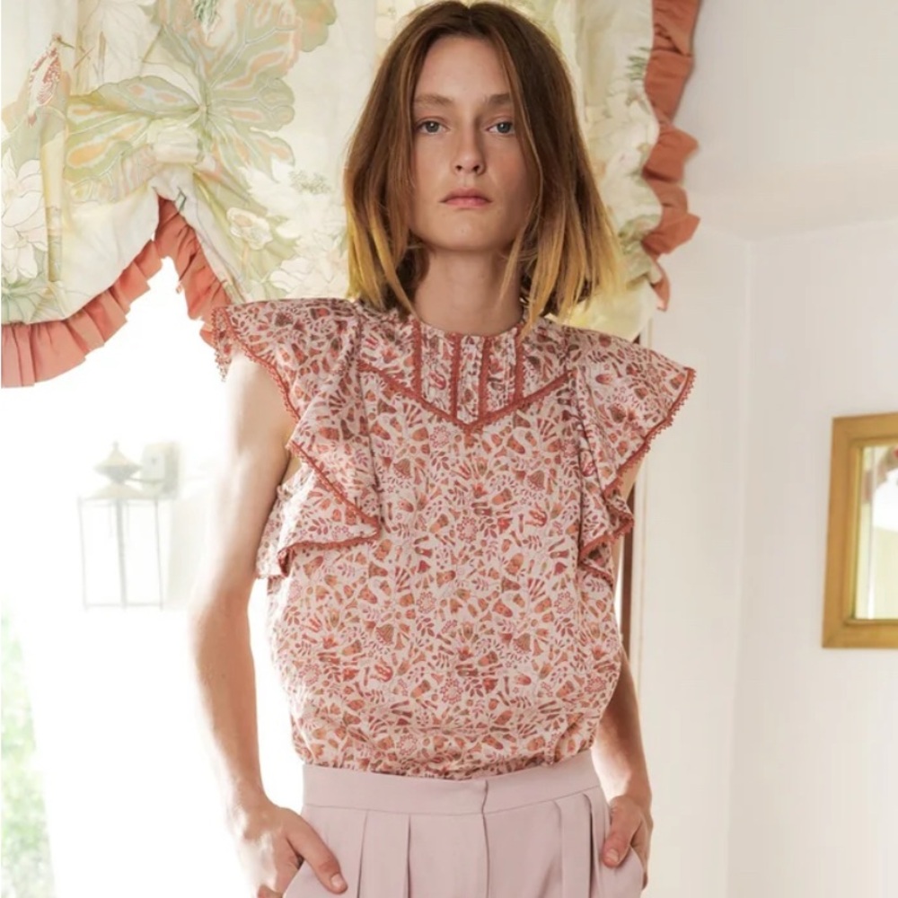 Sabina Musayev Mandy Top Pink Cream Floral Pattern Ginger Print Ruffle Medium